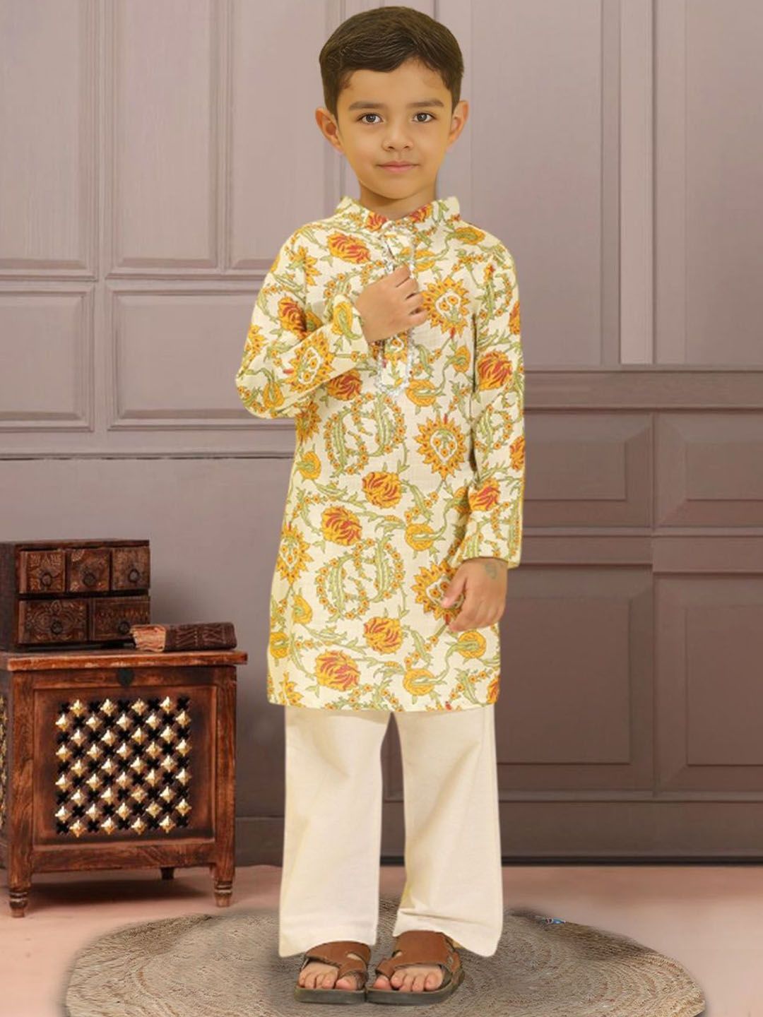 Cutiekins Boys Floral Printed Mandarin Collar Straight Kurta With Trousers-picture-51