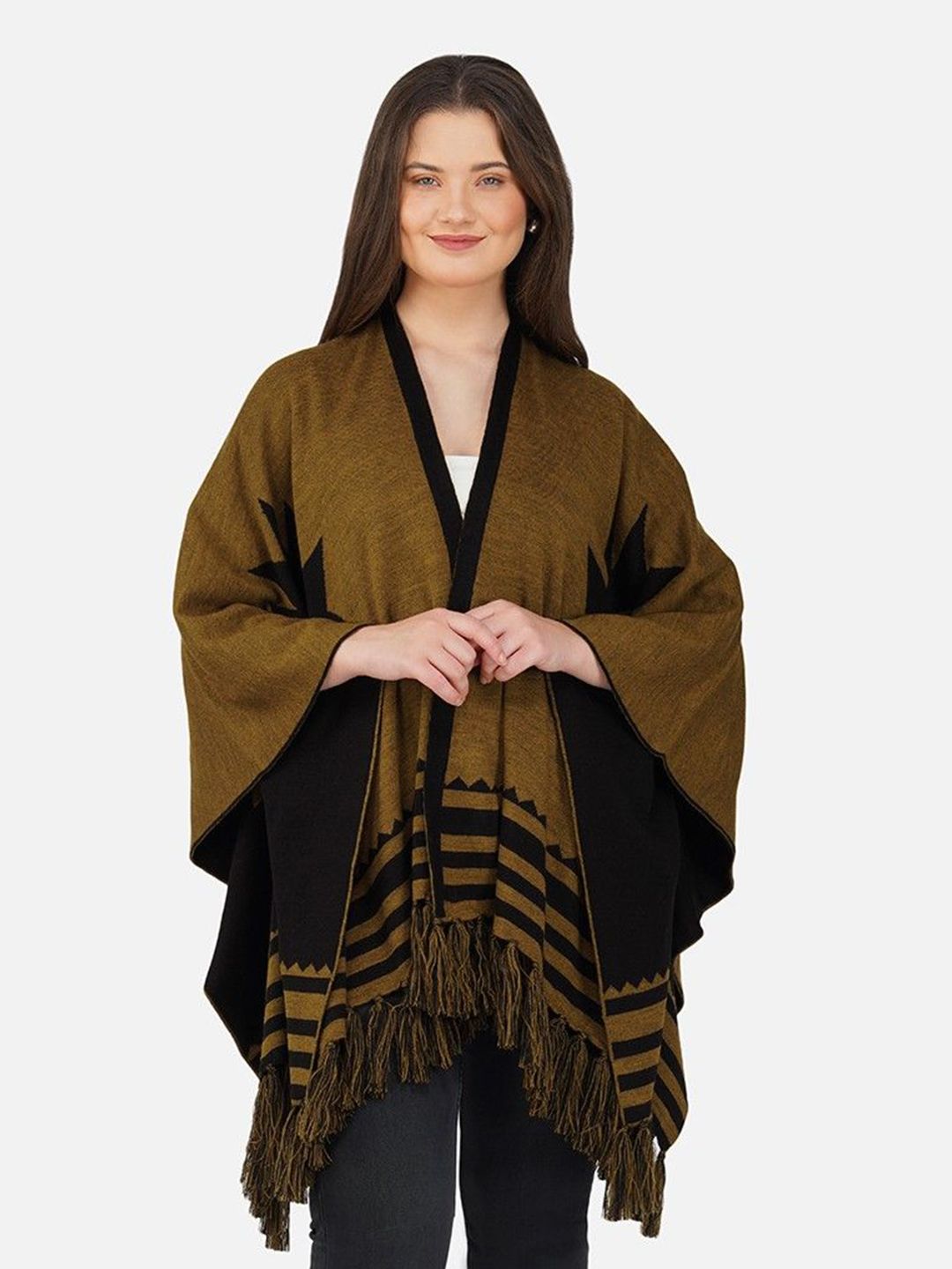 JoE Hazel Floral Printed V-Neck Woolen Longline Poncho-picture-15