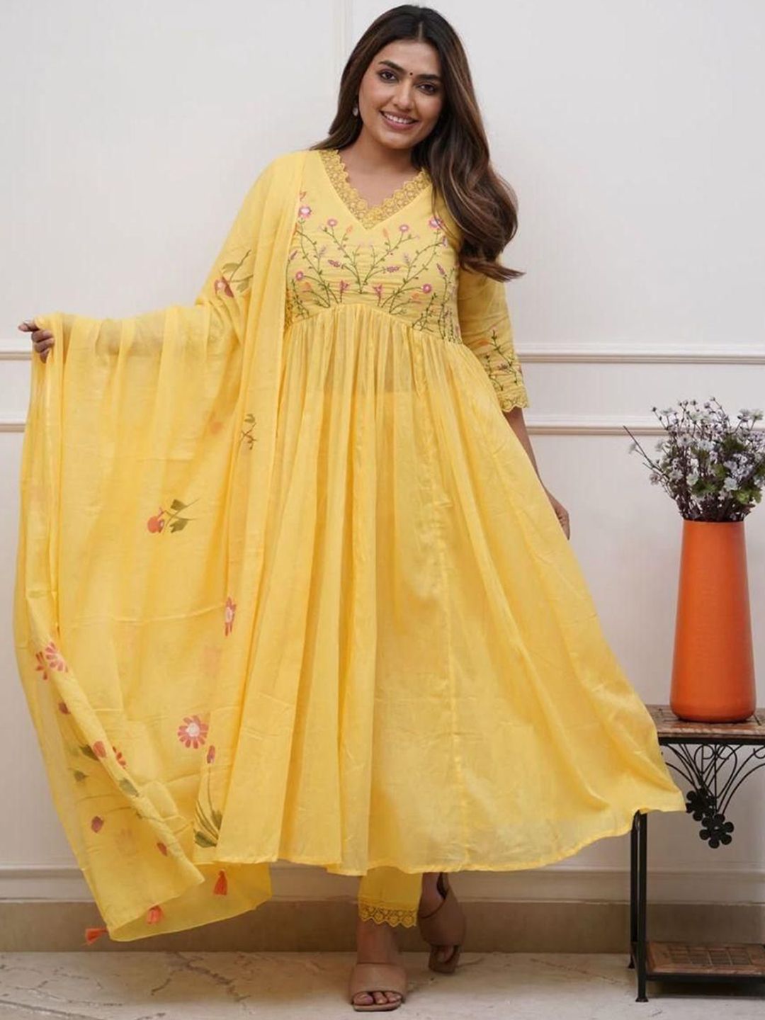 MILAAV Women Floral Embroidered Cotton Anarkali Kurta with Trousers & Dupatta