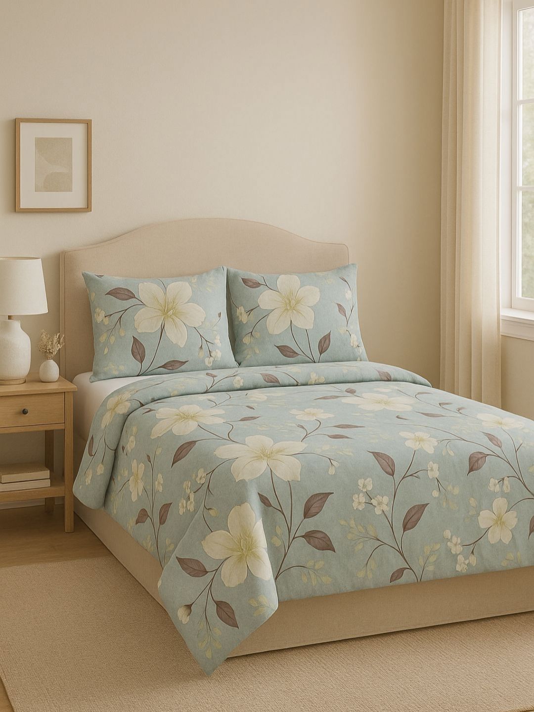 Aura Blue & White Floral Printed Microfiber 144 TC Queen Bedsheet Set 2.25 m x 2.50 m-image-43