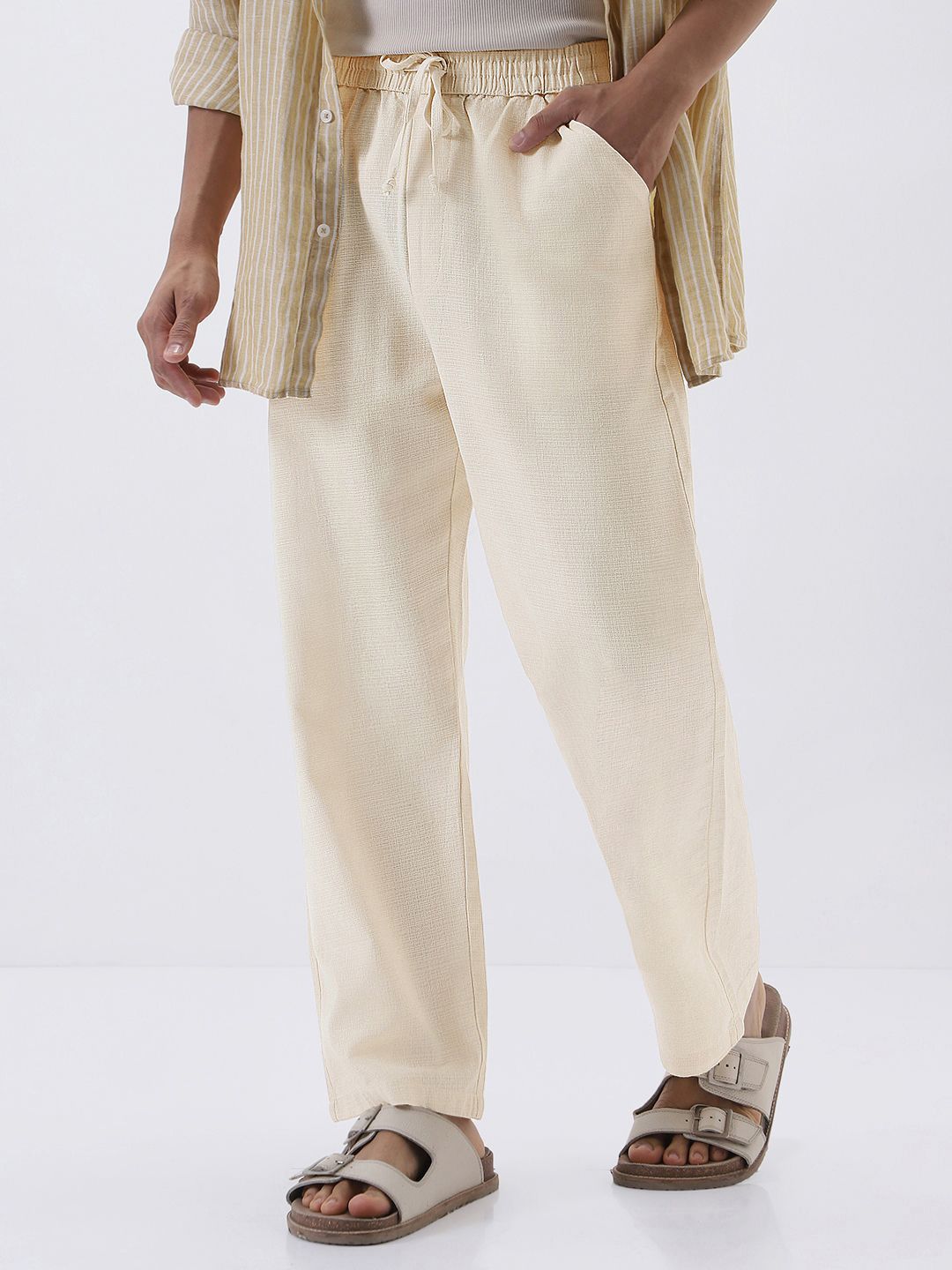 Urbano Fashion Men Cream Loose Fit Easy Wash Trousers-picture-23