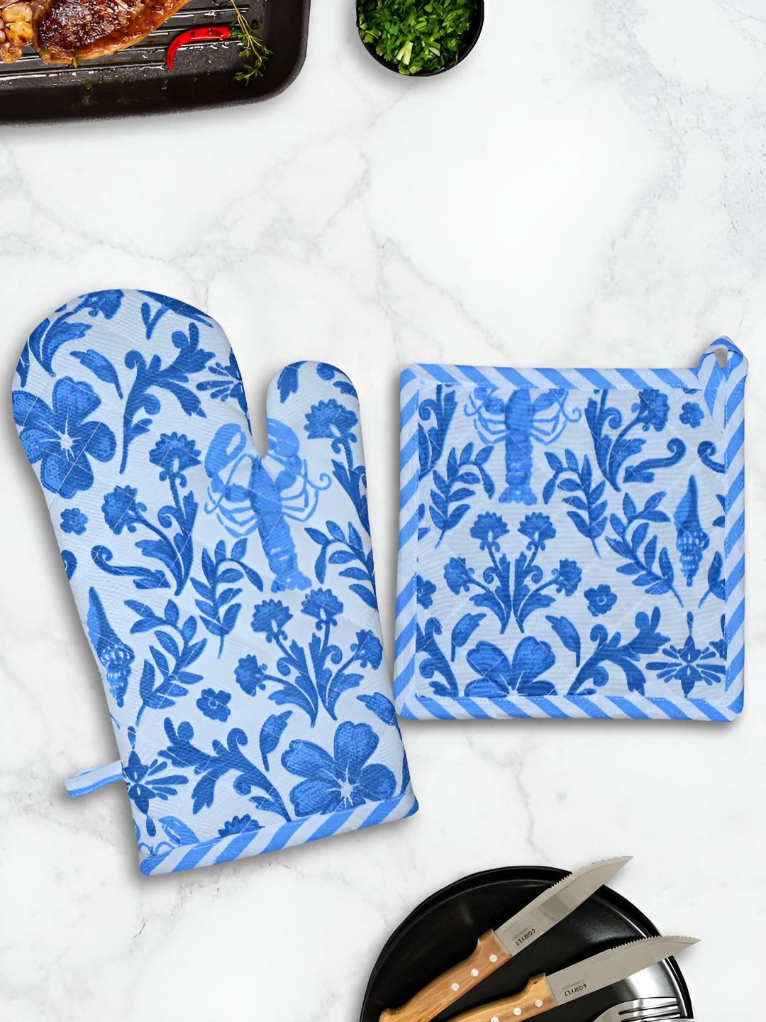 HOME COLORS.IN Blue Printed Oven Glove & Pot Holder-image-4