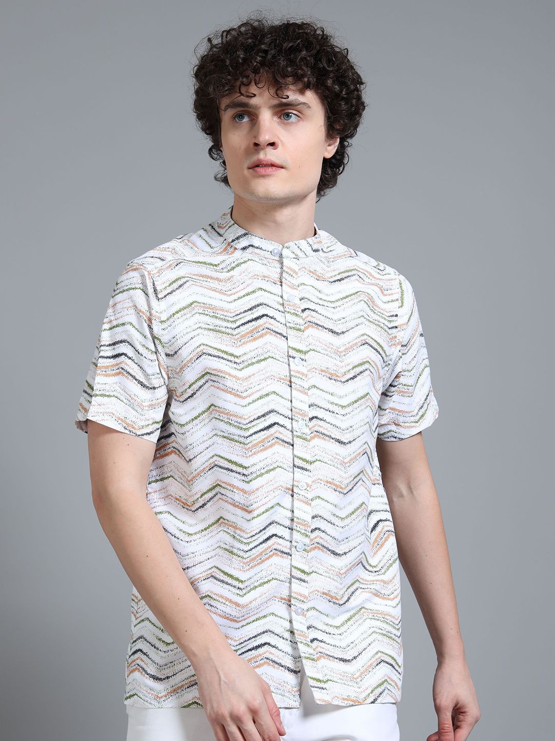Moda Rapido Men Relaxed Fit Chevron Striped Band Collar Casual Shirt