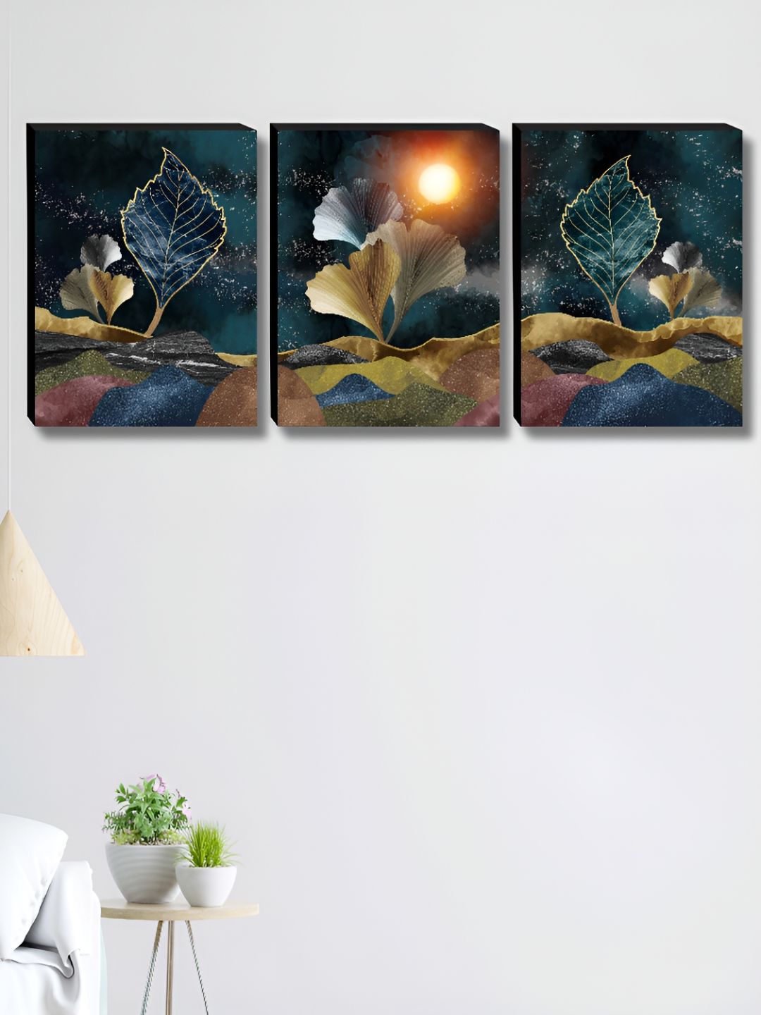 Livin'luxe Teal & Gold-Toned 3 Pieces Leaves Wall Arts-picture-42