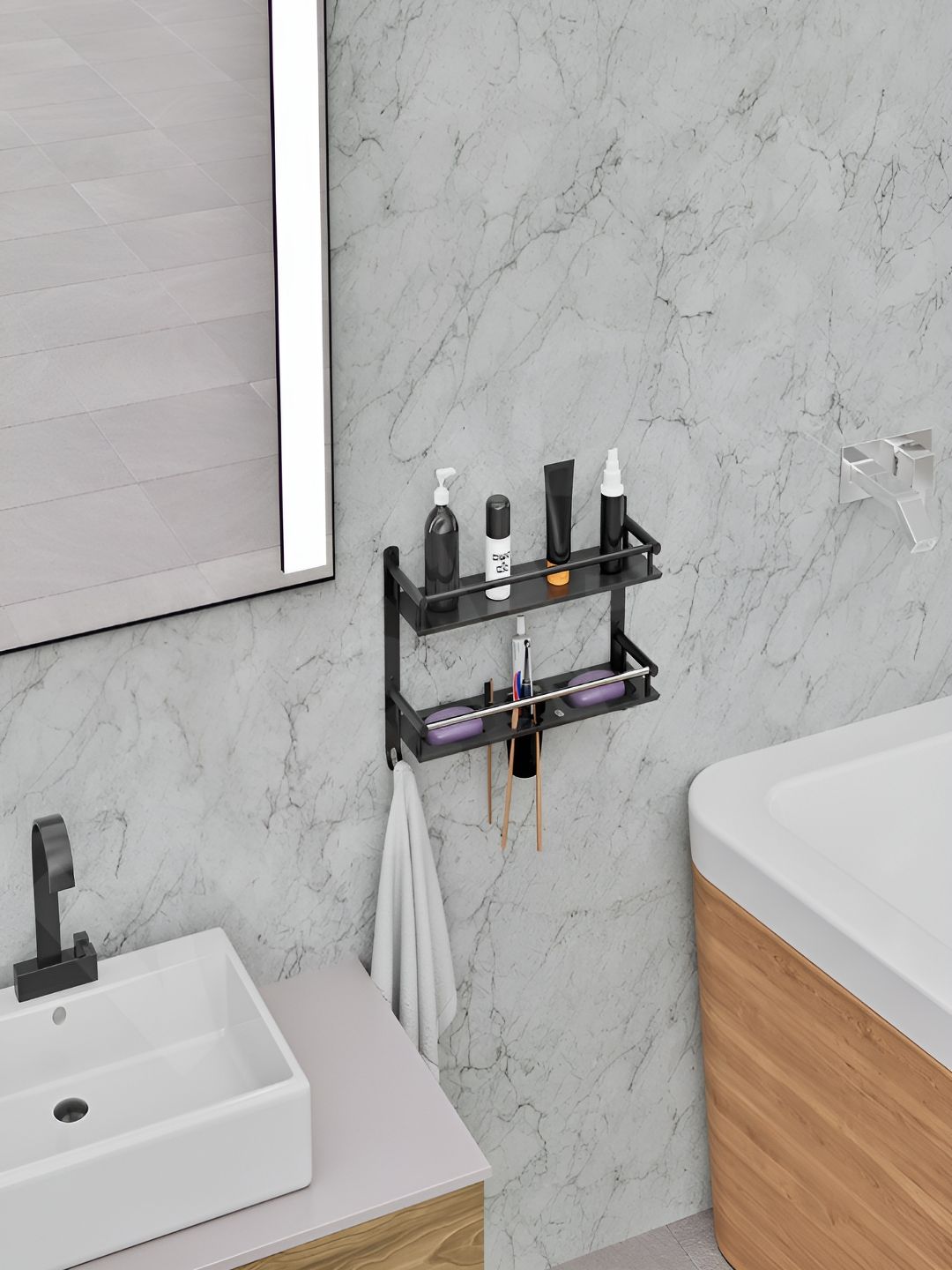 Well Set Black Stainless Steel 2-Tier Bathroom Rack with Utensil Holder & Drain Tray-picture-33