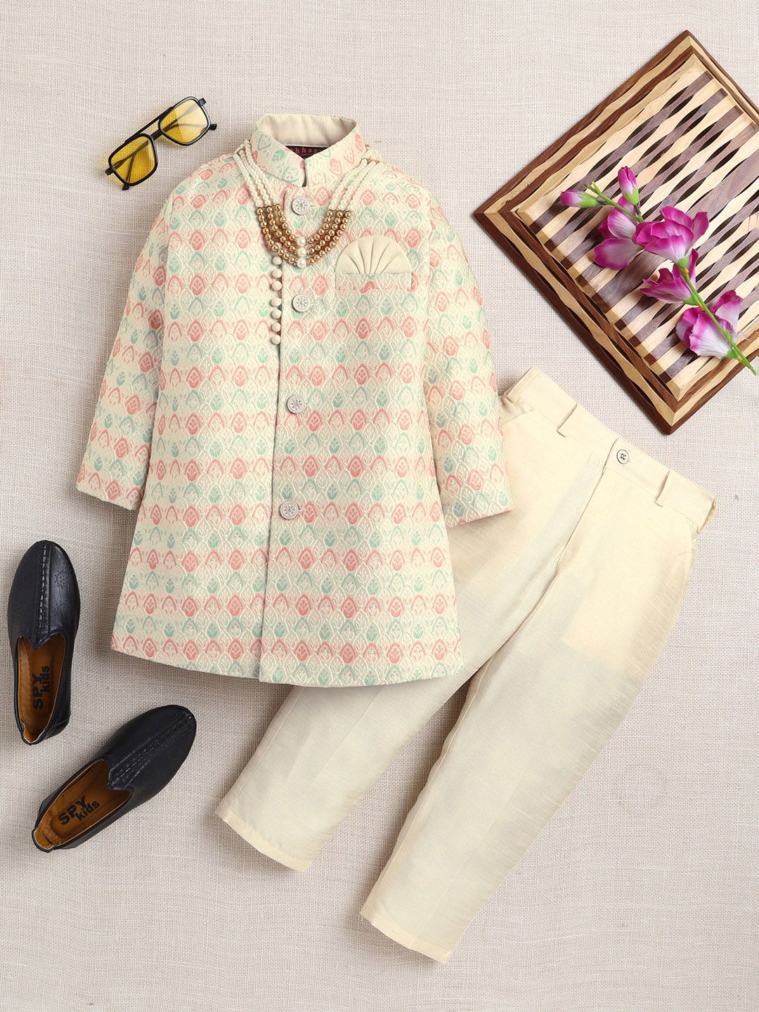 ahhaaaa Boys Floral Printed Regular Thread Work Dupion Silk Kurta with Pyjamas-image-16