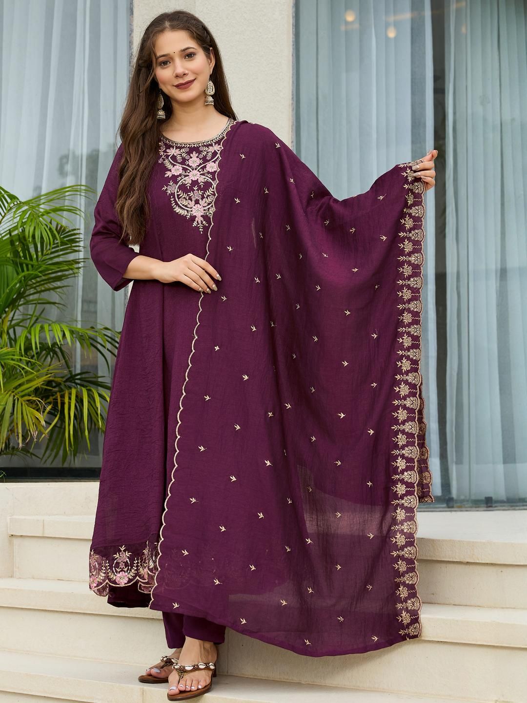 CaniBani Women Ethnic Motifs Embroidered Anarkali Kurta with Trousers And Dupatta