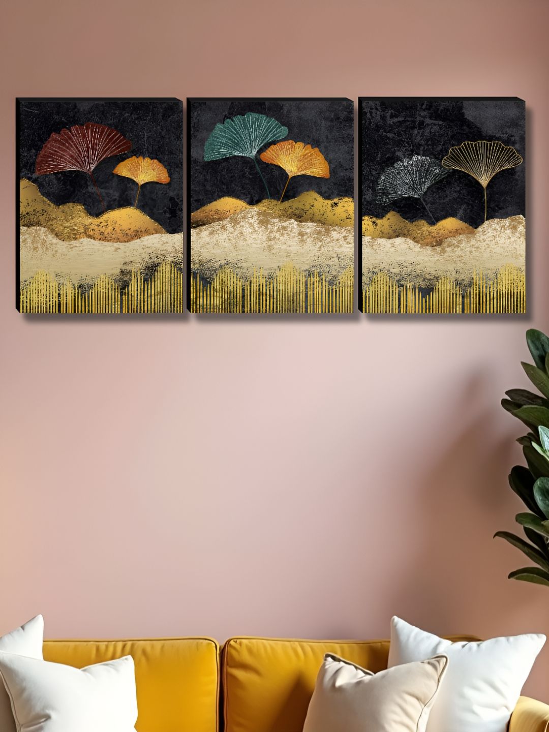 Livin'luxe Beige & Gold-Toned 3 Pieces Hill Ginkgo Leaf Wall Arts-picture-11