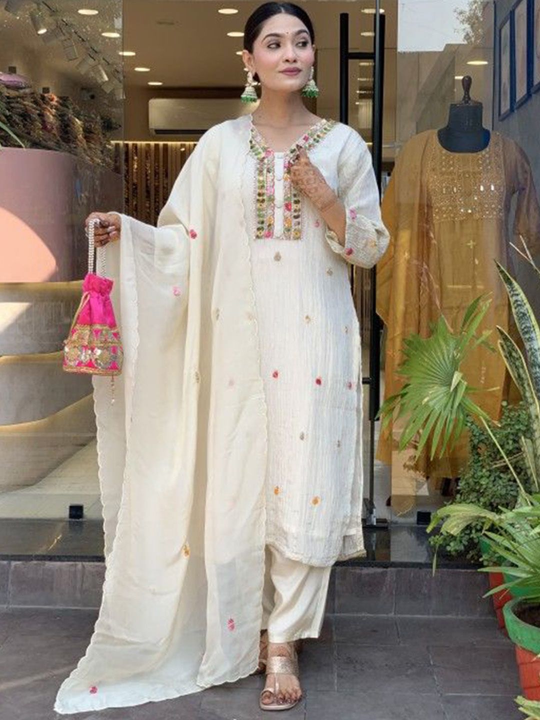 TWINS LADY Ethnic Motifs Embroidered Chinon V-Neck Sequinned Kurta With Trousers & Dupatta