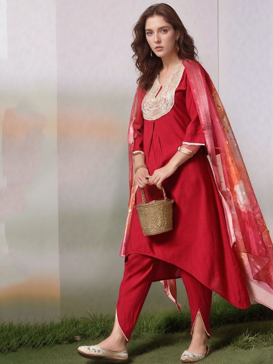 HERE&NOW Floral Yoke Design V-Neck Sequinned A-Line Kurta With Trousers & Dupatta-picture-10