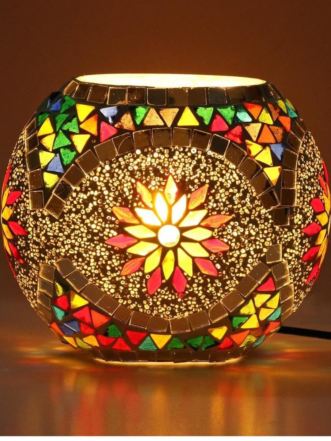 SOMIL White & Multi-Coloured Floral Printed Glass Cylindrical Shaped Table Lamp-picture-26