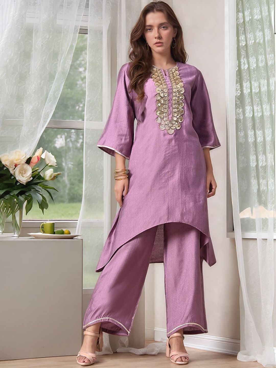 HERE&NOW Floral Yoke Design Notch Neck Sequinned A-Line Kurta With Dhoti Pants-picture-15