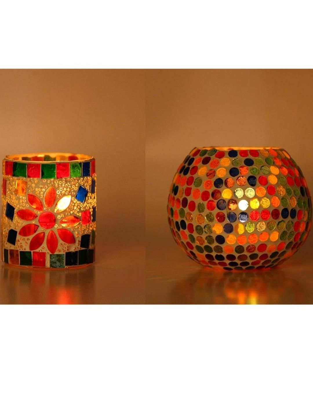Somil Vibrant Multicolor Glass Candle Holder Add A Touch Of Magic To Diwali, Parties & Candlelight Dinners, Size-7 X 7 X 7 Cm , 9.5 X 9.5 X 7 Cm Pack OF 2-image-32