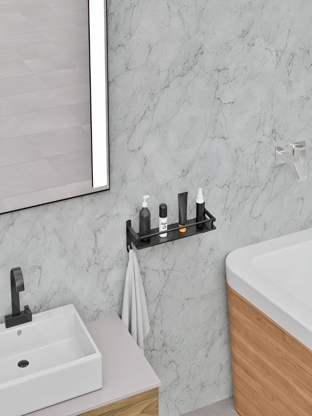 Well Set Black Stainless Steel Wall-Mounted Bathroom Shelf with Towel Rod & Hooks-image-27