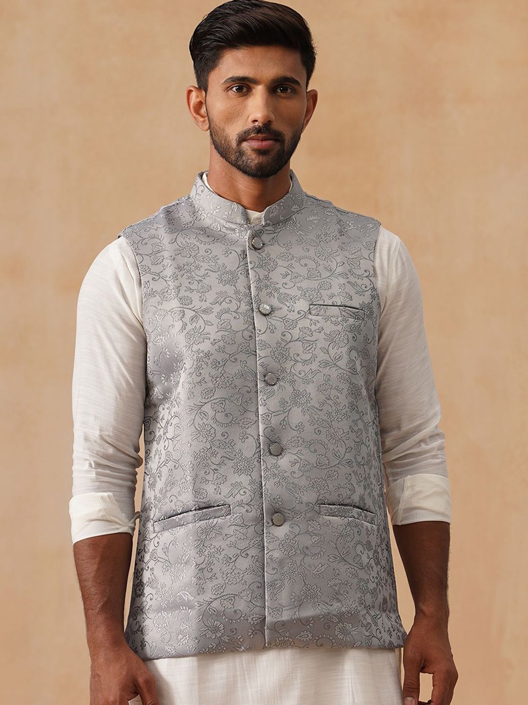 Jompers Woven Design Mandarin Collar Nehru Jacket-image-17