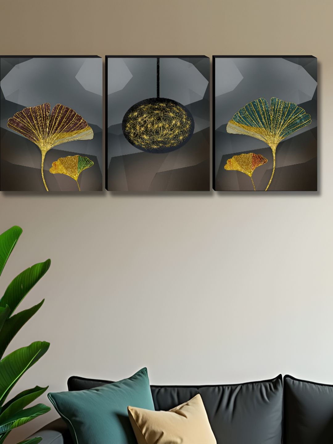 Livin'luxe Grey & Gold-Toned 3 Pieces Leaf Abstract Wall Arts-picture-36
