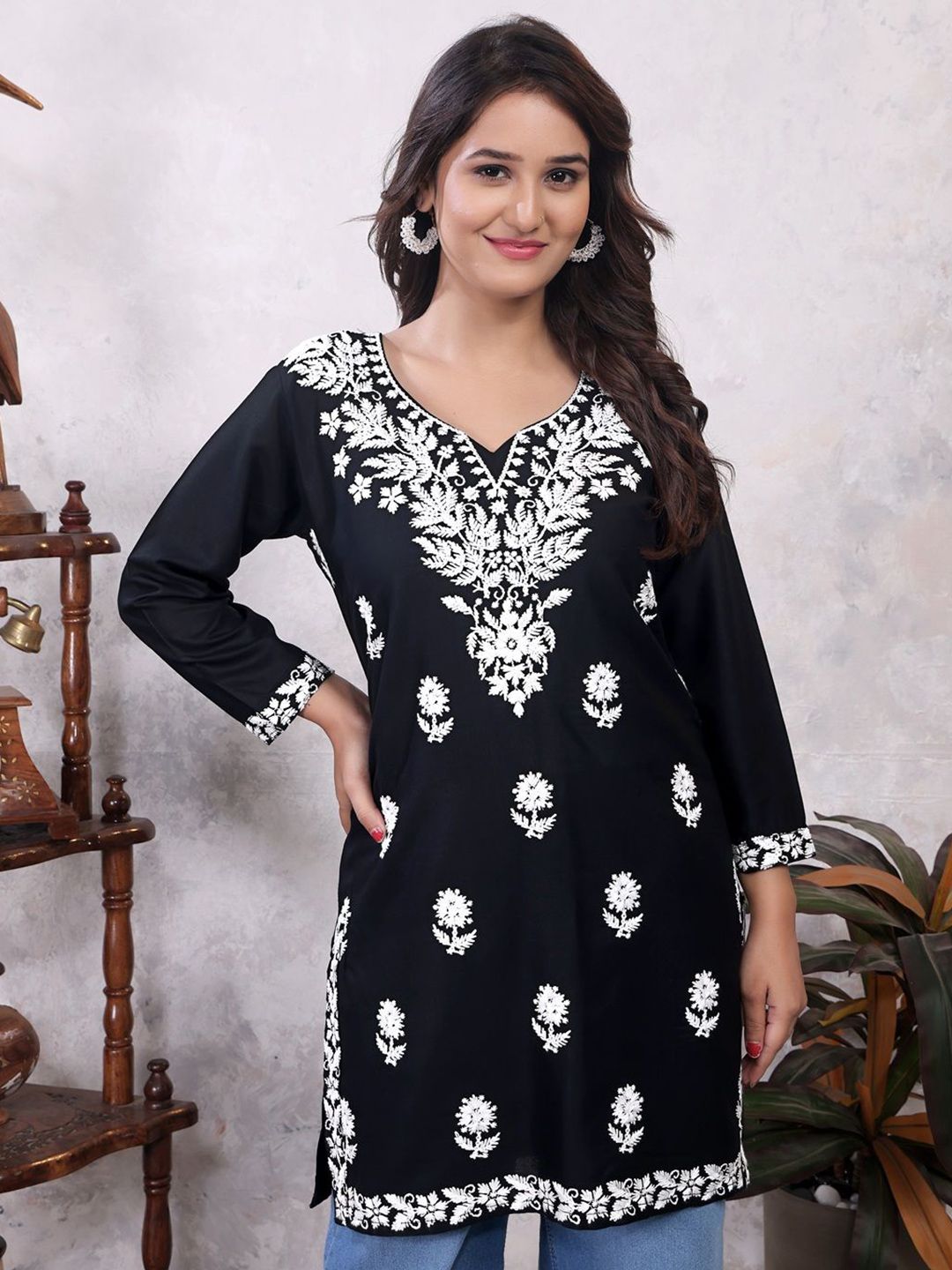 RUDRA LIFESTYLE Floral Embroidered Thread Work Pure Cotton Thread Work Kurti-image-23