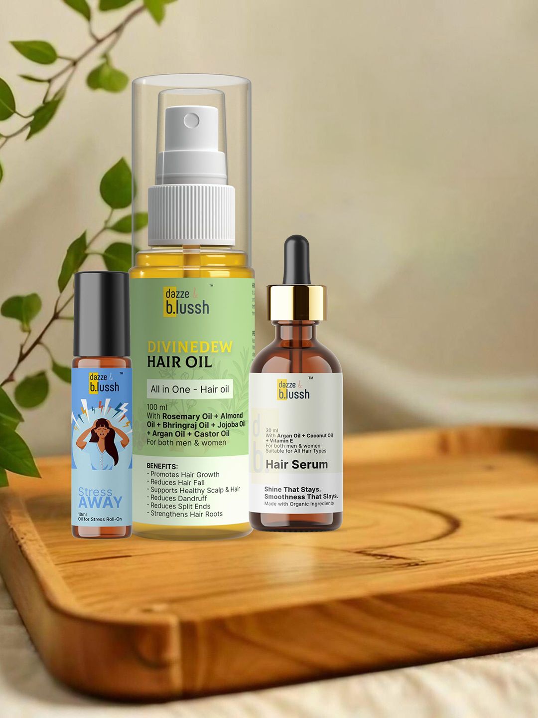 Dazze and blussh Set Of 3 Divine Dew Hair Oil, Hair Serum & Stress Away Roll On-image-36