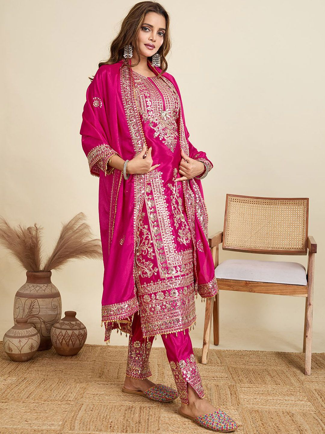 AKSHARAM Women Ethnic Motifs Embroidered Regular Sequinned Kurta with Trousers & Dupatta