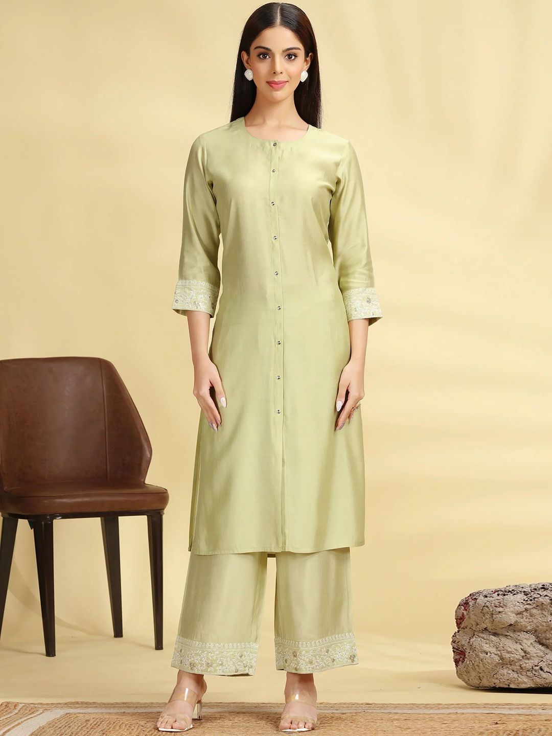 COTTON CULTURE Round Neck Pure Silk Straight Kurta With Palazzo