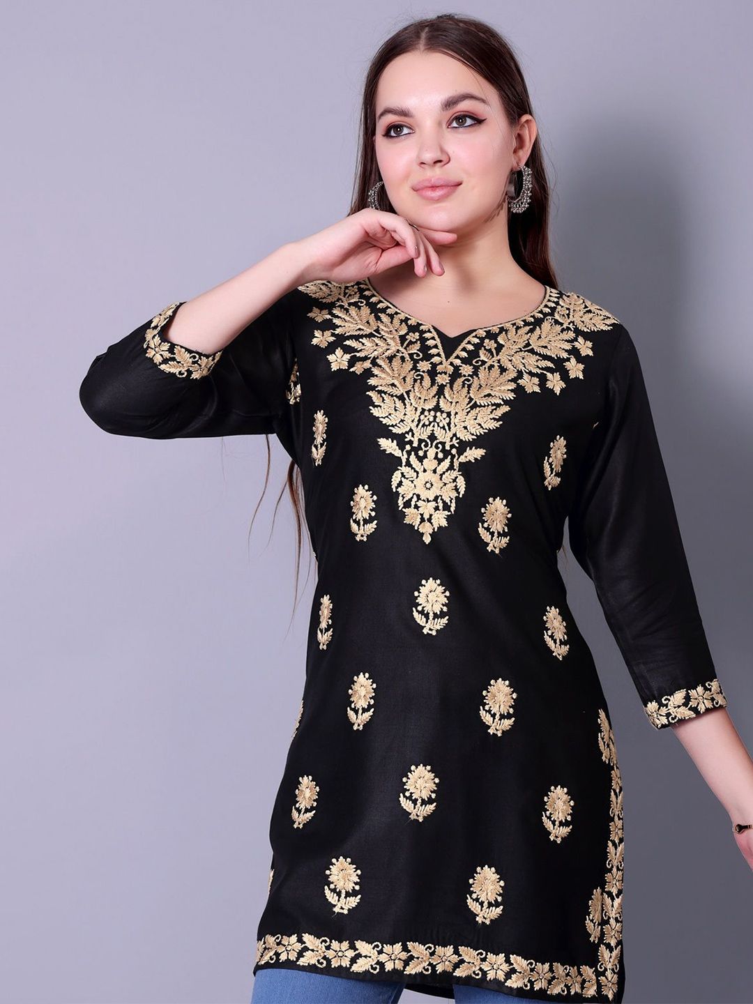 RUDRA LIFESTYLE Floral Embroidered Thread Work Pure Cotton Thread Work Kurti-image-22
