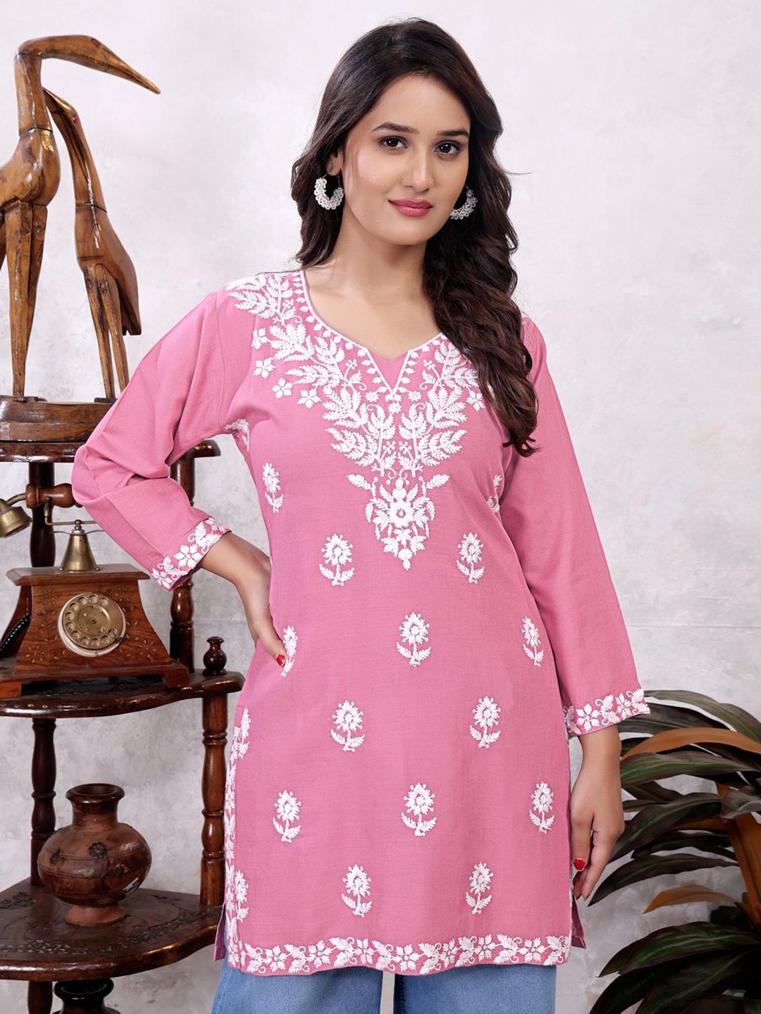 RUDRA LIFESTYLE Floral Embroidered Thread Work Pure Cotton Thread Work Kurti-picture-20