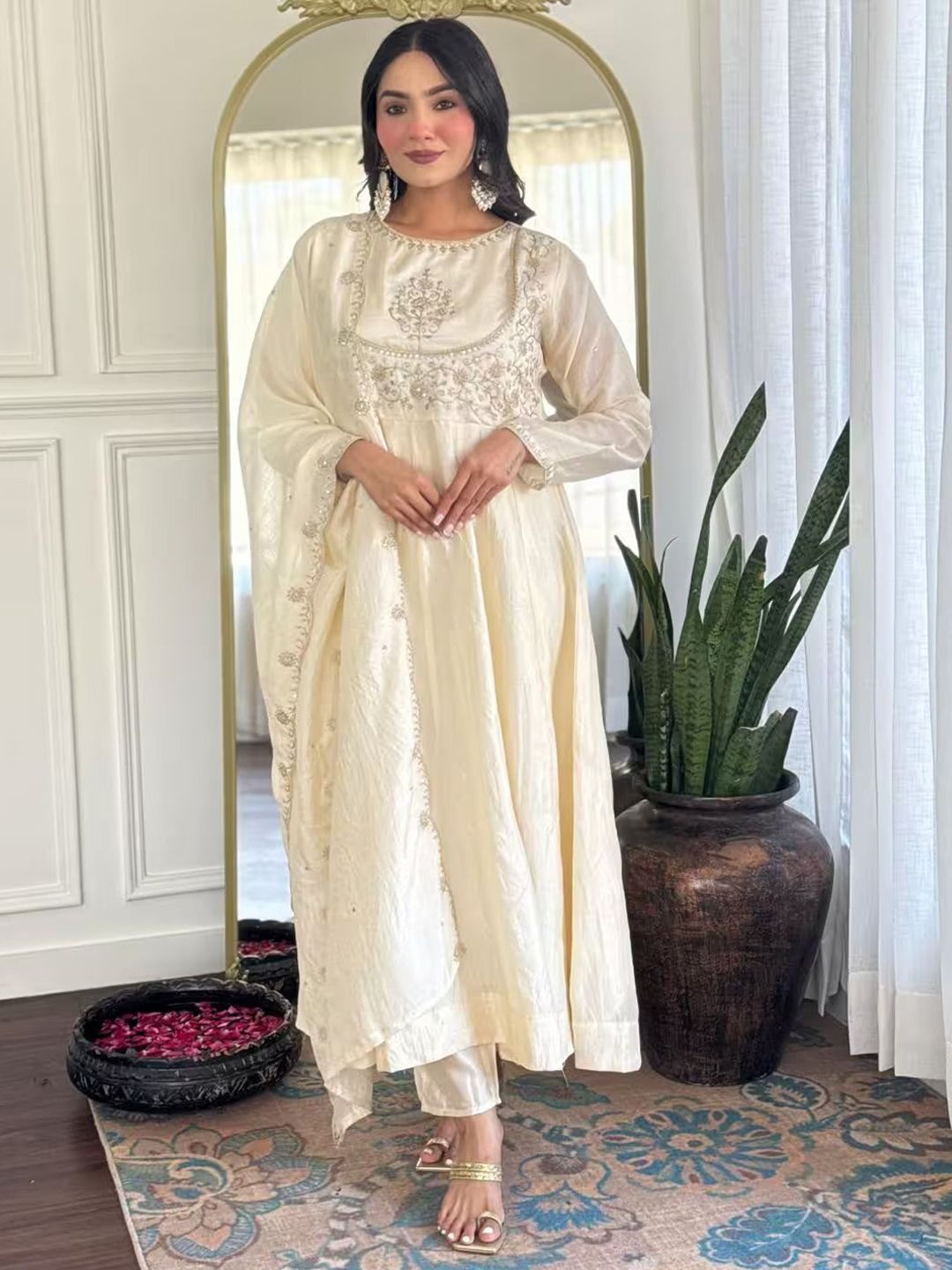 AKSHARAM Women Floral Embroidered Regular Sequinned Kurta with Trousers & Dupatta