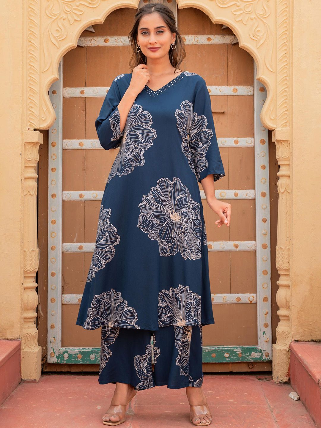 Juniper Floral Printed V-Neck Straight Kurta With Palazzos