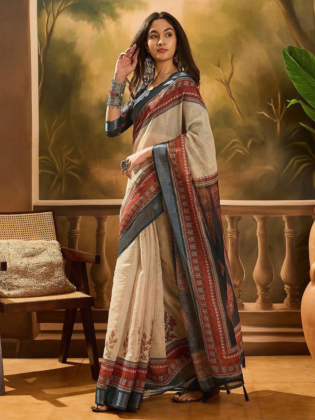 MANVAA Ethnic Motifs Printed Linen Cotton Zari Saree-picture-2
