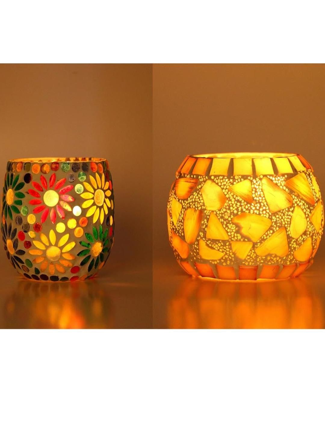Somil Vibrant Multicolor Glass Candle Holder Add A Touch Of Magic To Diwali, Parties & Candlelight Dinners, Size-8.5 X 8.5 X 9 Cm , 8.5 X 8.5 X 7 Cm Pack OF 2-image-9