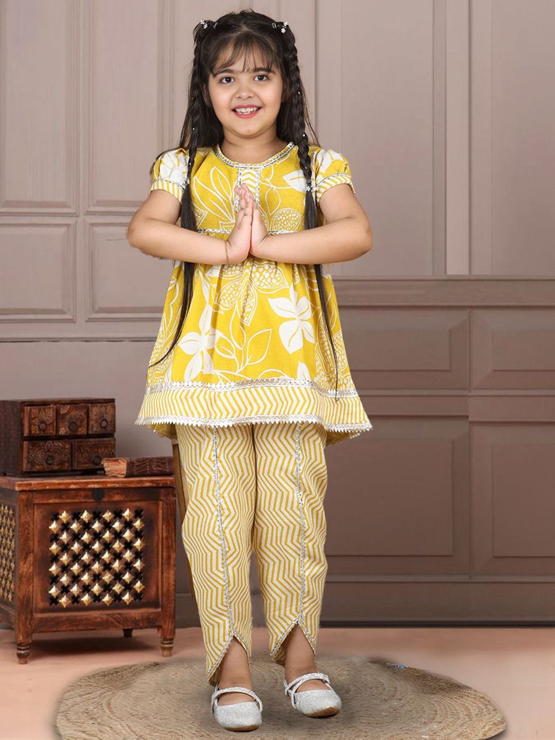 Cutiekins Girls Floral Printed Empire Thread Work Kurta with Dhoti Pants-picture-57