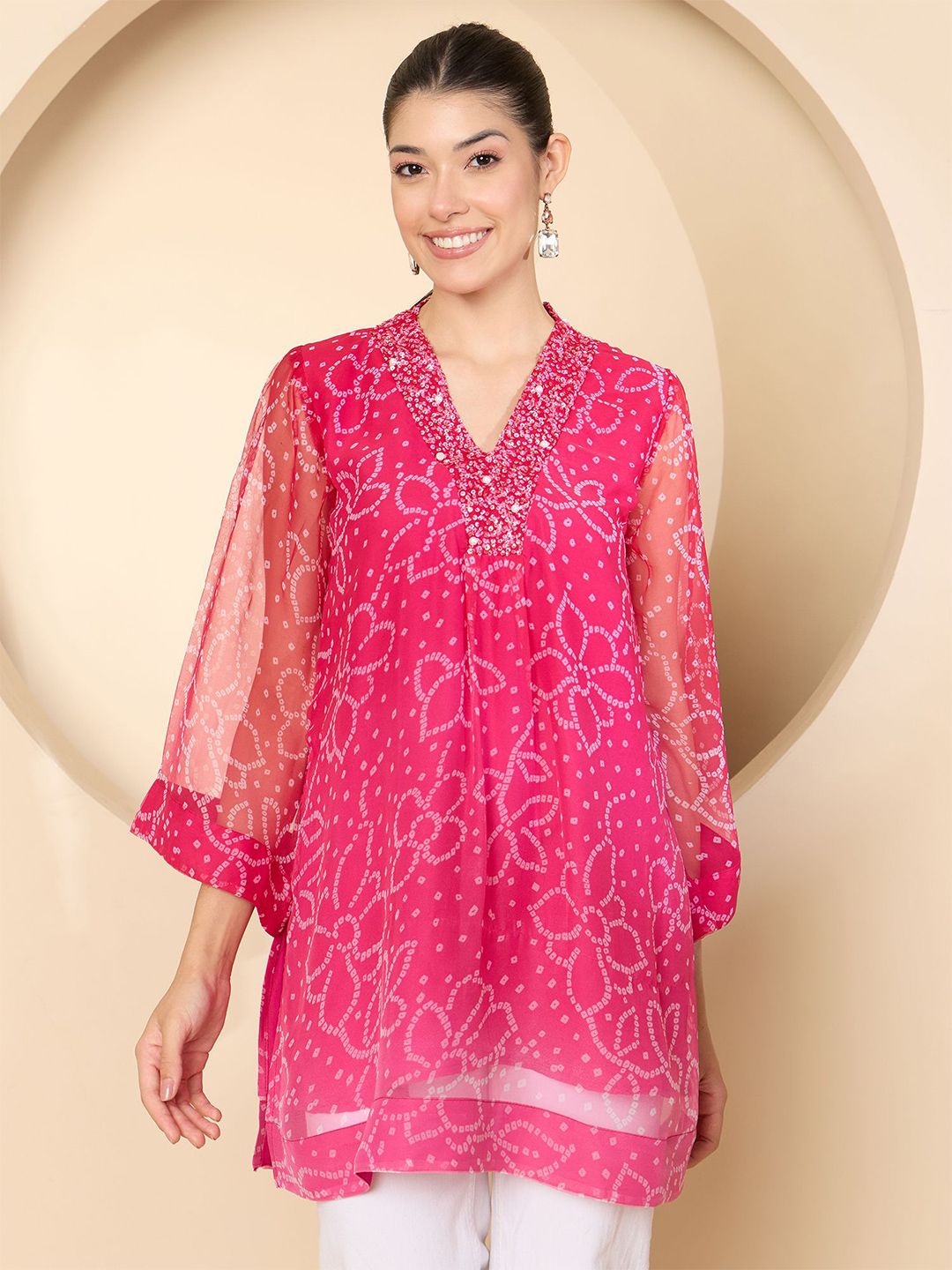 Antheaa Women Ethnic Motifs Printed V-Neck Flared Sleeves Sequinned Kurti-picture-27