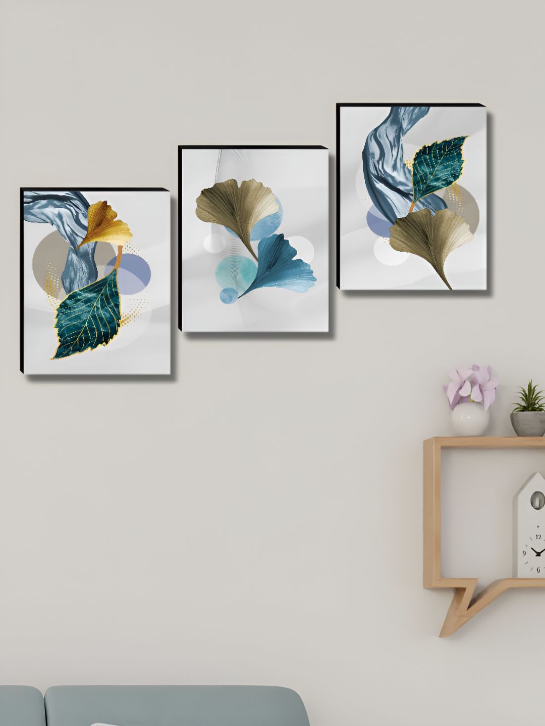 Livin'luxe Grey & Teal 3 Pieces Leaves Printed Wall Arts-picture-15