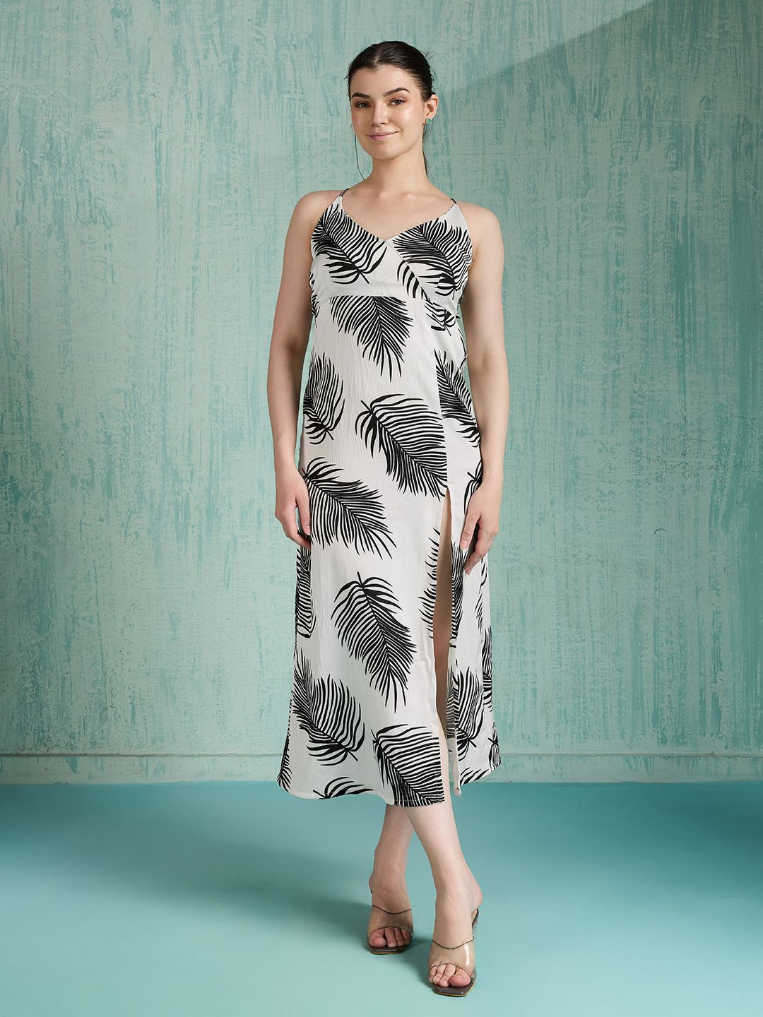 4WRD by Dressberry Women Tropical Leaf Print Spaghetti Strap Slit Midi Dress-picture-21