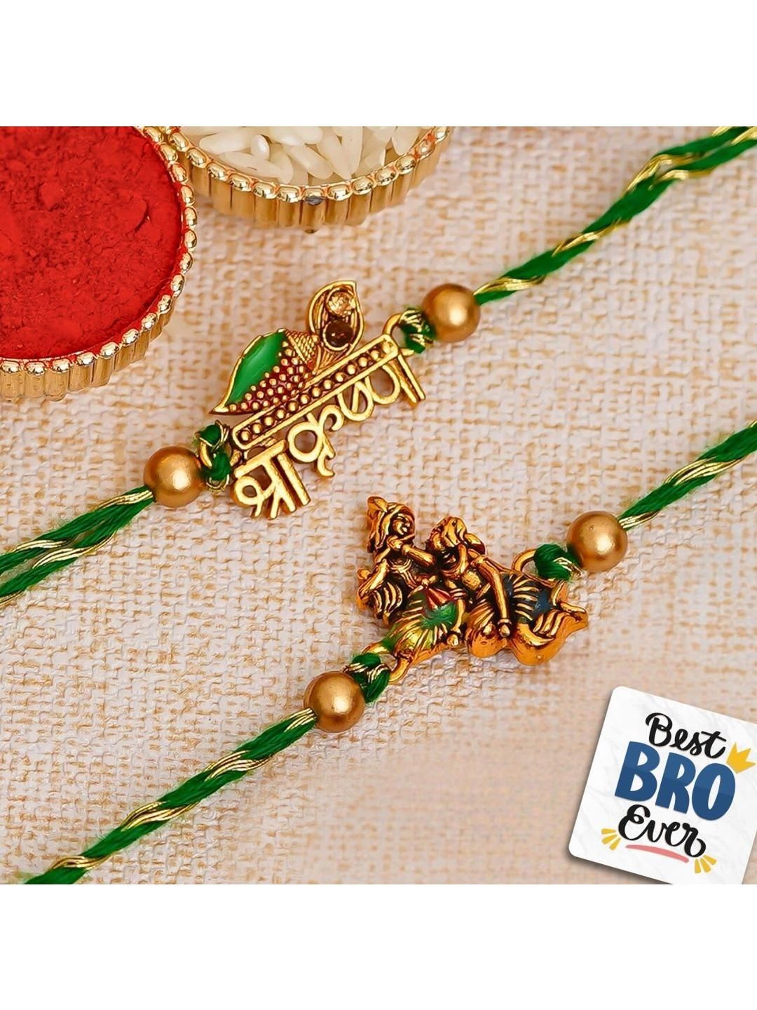 eCraftIndia Set Of 2 Kundan-Beaded Rakhi With Roli Rice & Best Bro Ever Fridge Magnet-picture-29