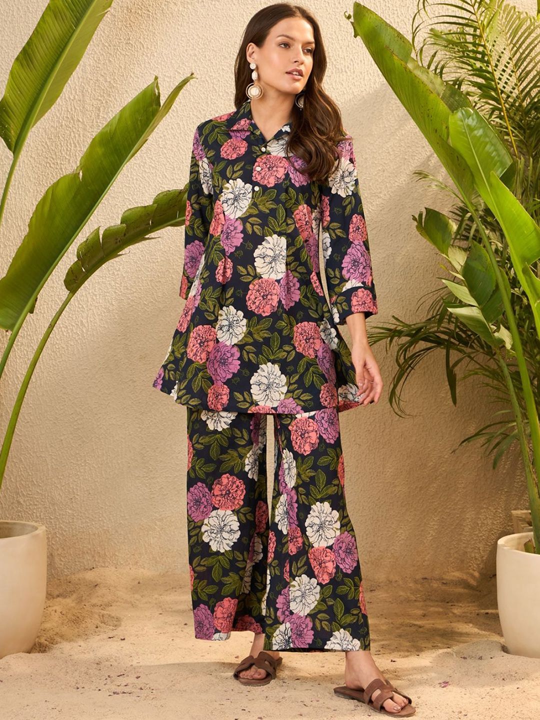 IMANA Floral Printed Pure Cotton Collared Neck Three Fourth Sleeve Tunic & Trouser Co-Ords-picture-24