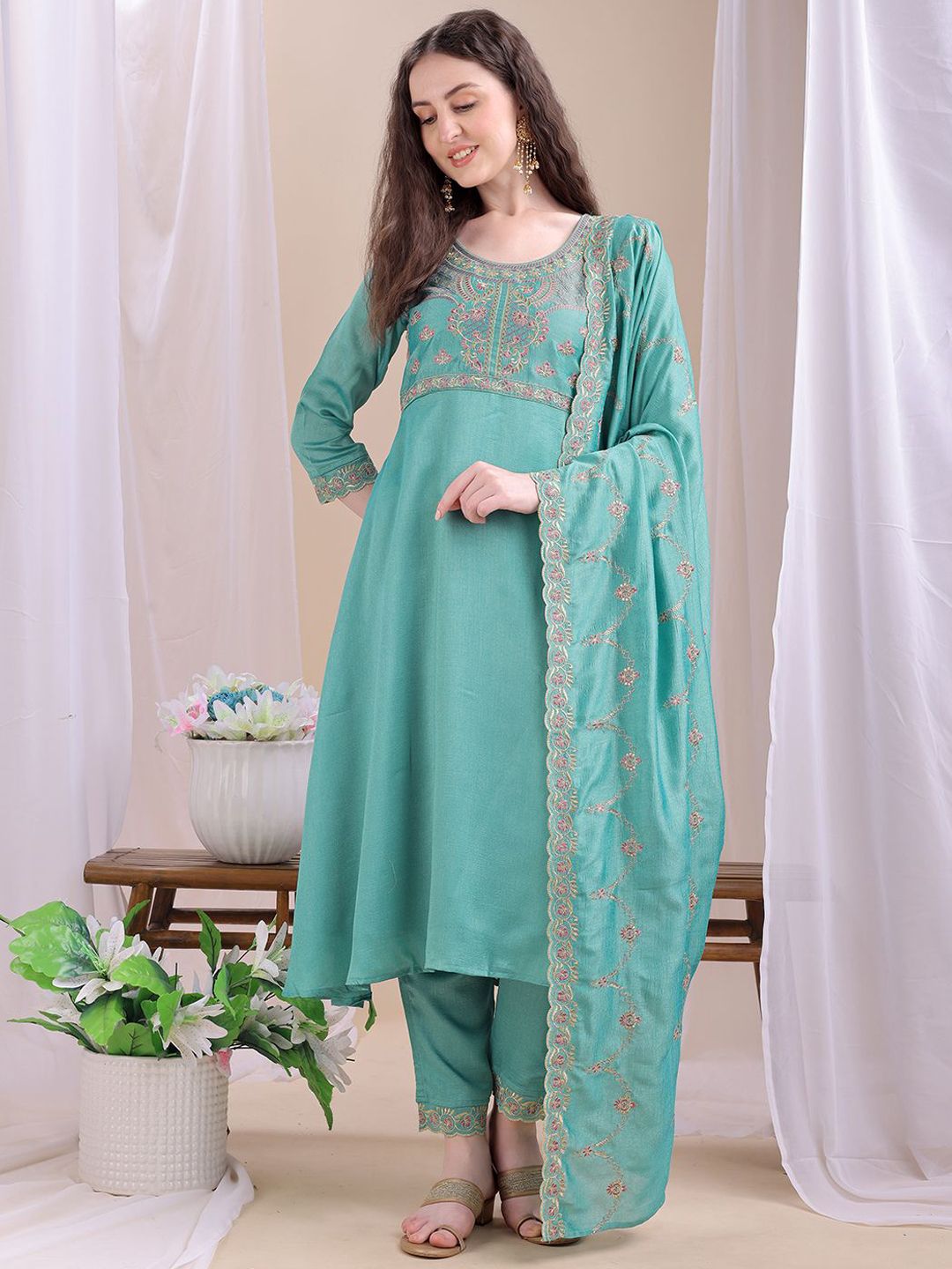 Granthva Fab Ethnic Motifs Embroidered Sequinned Kurta With Trousers & Dupatta