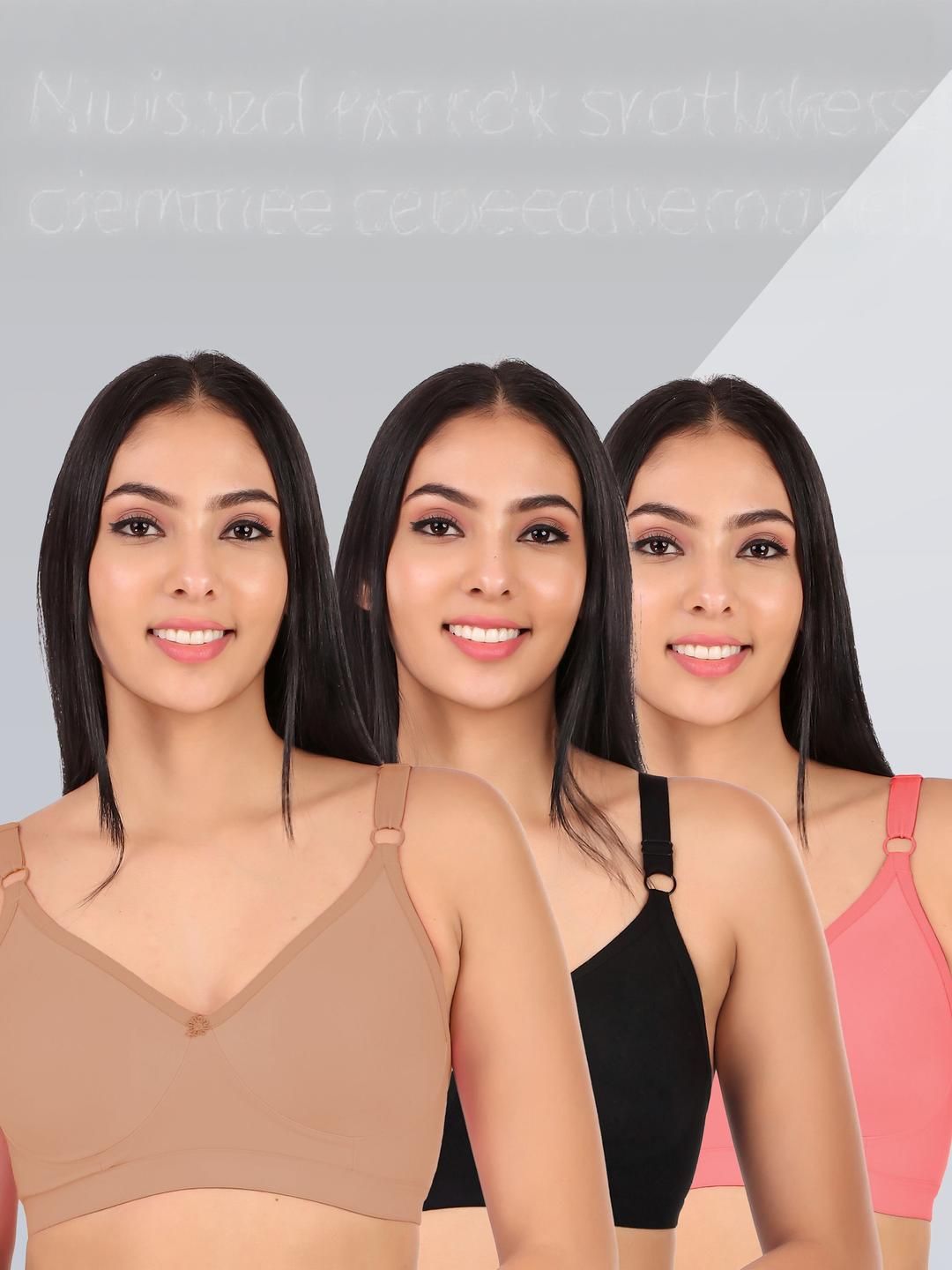 Clothonics Set Of 3 Multicoloured Cotton Non Padded & Non-Wired T-shirt Bra