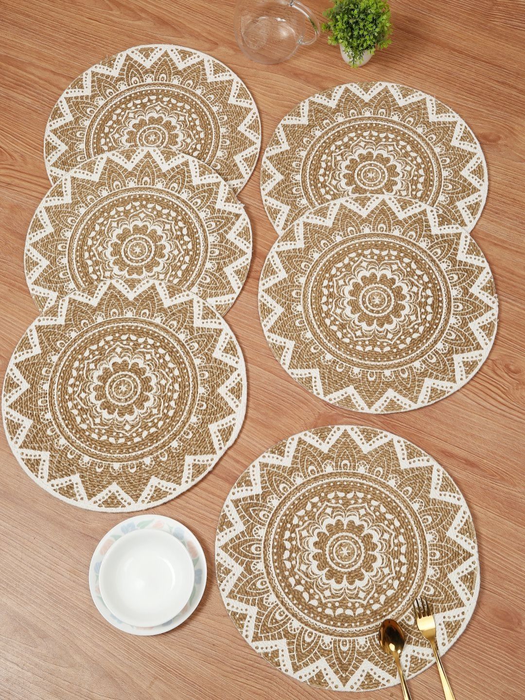 HOSTA HOMES 6-Pcs Brown & White Printed Pure Cotton Round Table Placemats-image-27