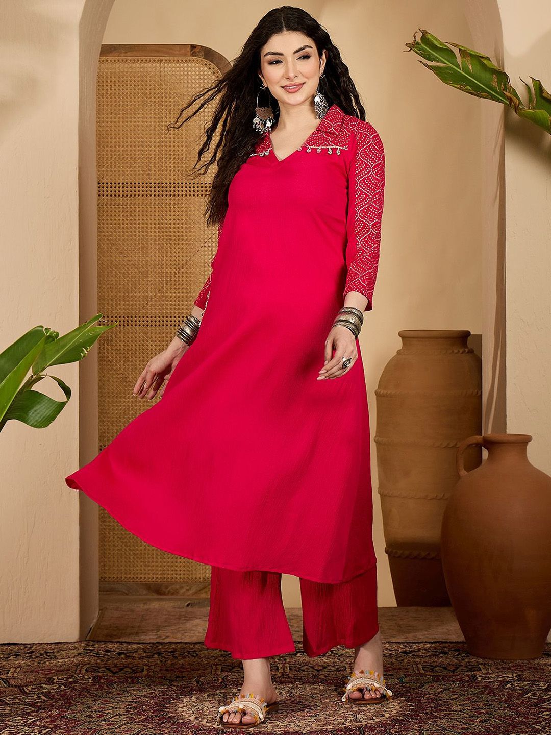 Sangria Bandhani Printed Shirt Collar Beads And Stones A-Line Kurta & Trouser