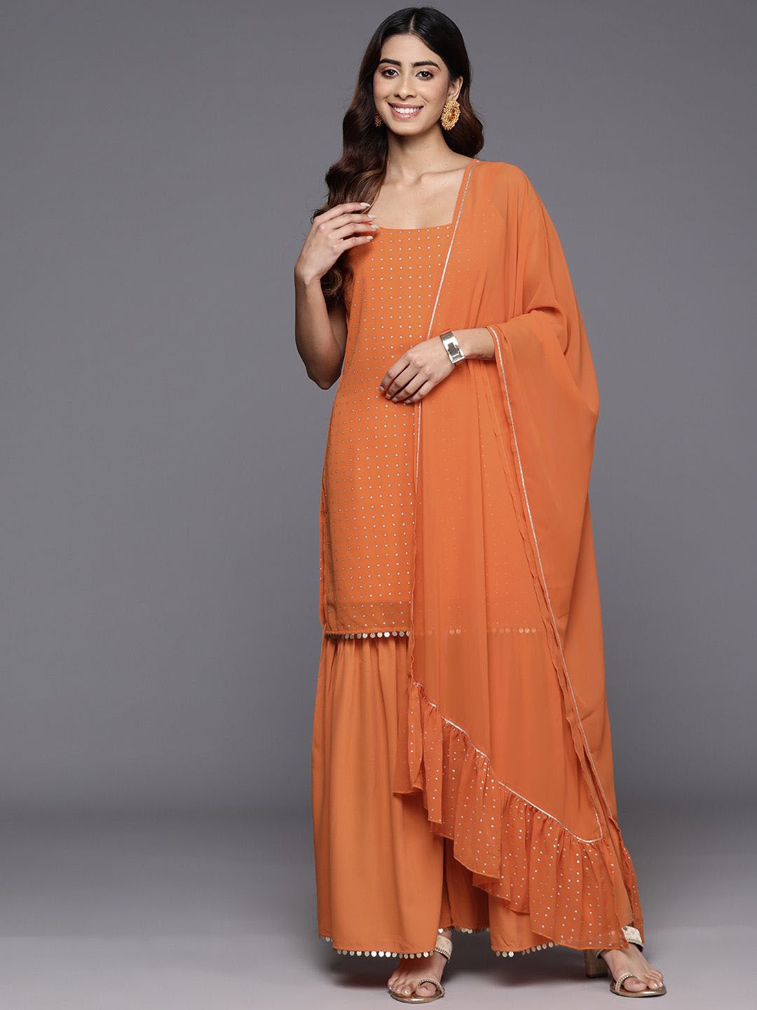 Ahalyaa Women Embroidered Regular Sequinned Kurta With Sharara &  Dupatta