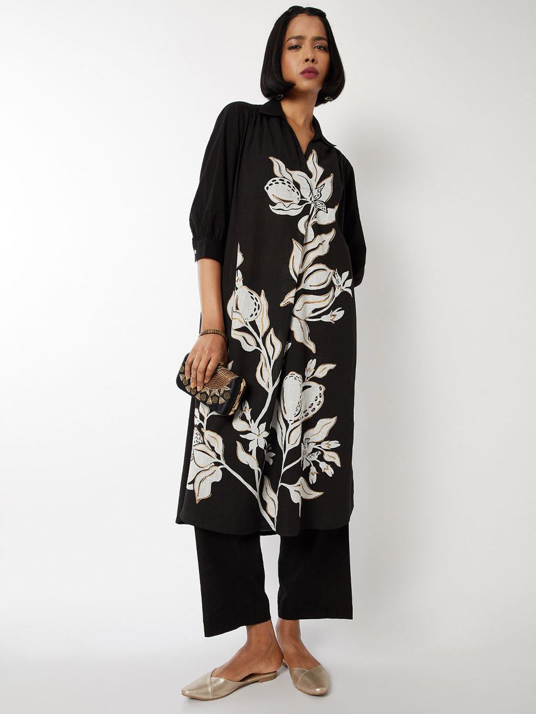 max Floral Printed Shirt Collar Straight Kurta With Trousers