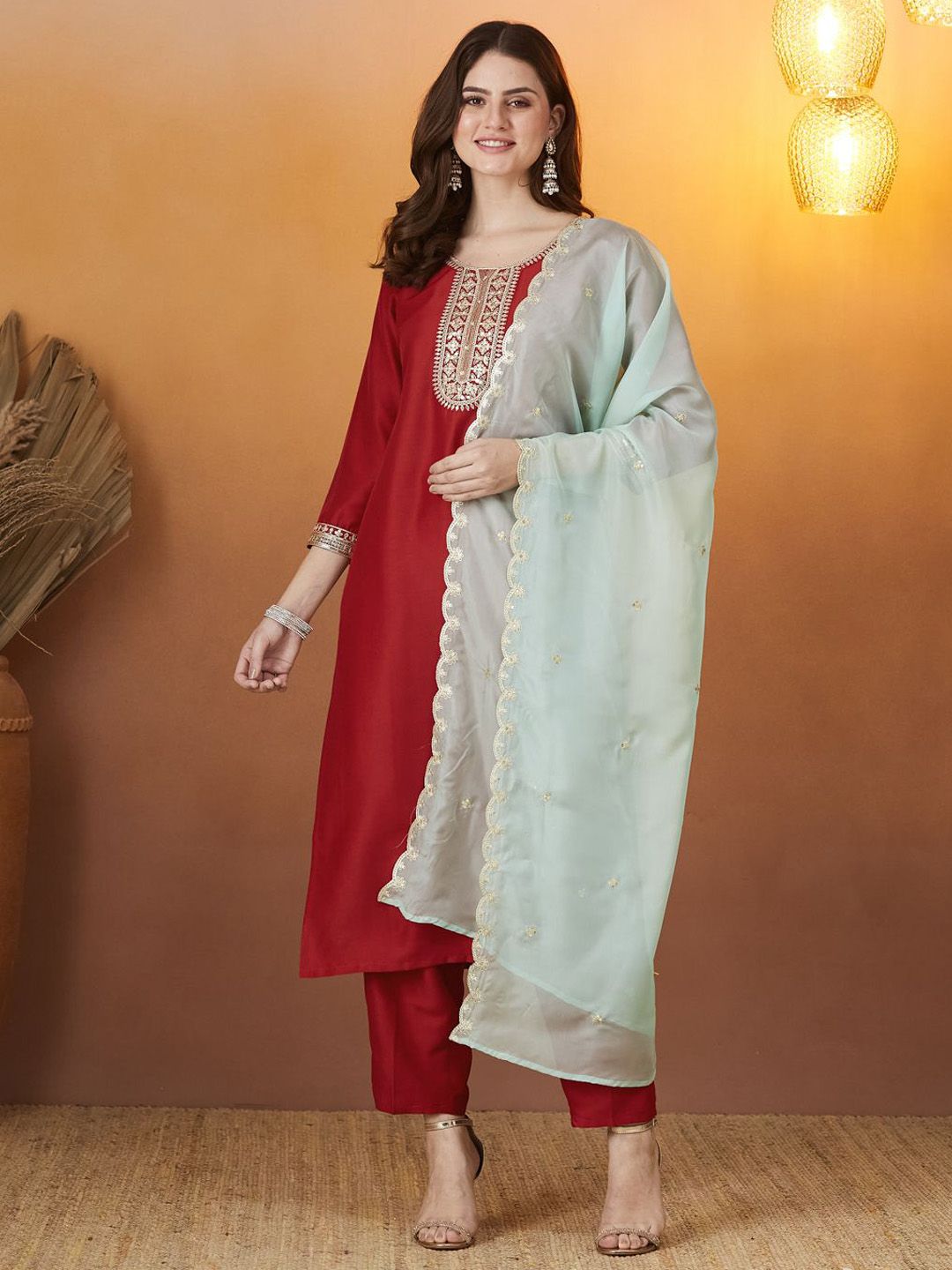 MOKOSH Floral Embroidered Round Neck Sequinned Kurta With Trousers & Dupatta