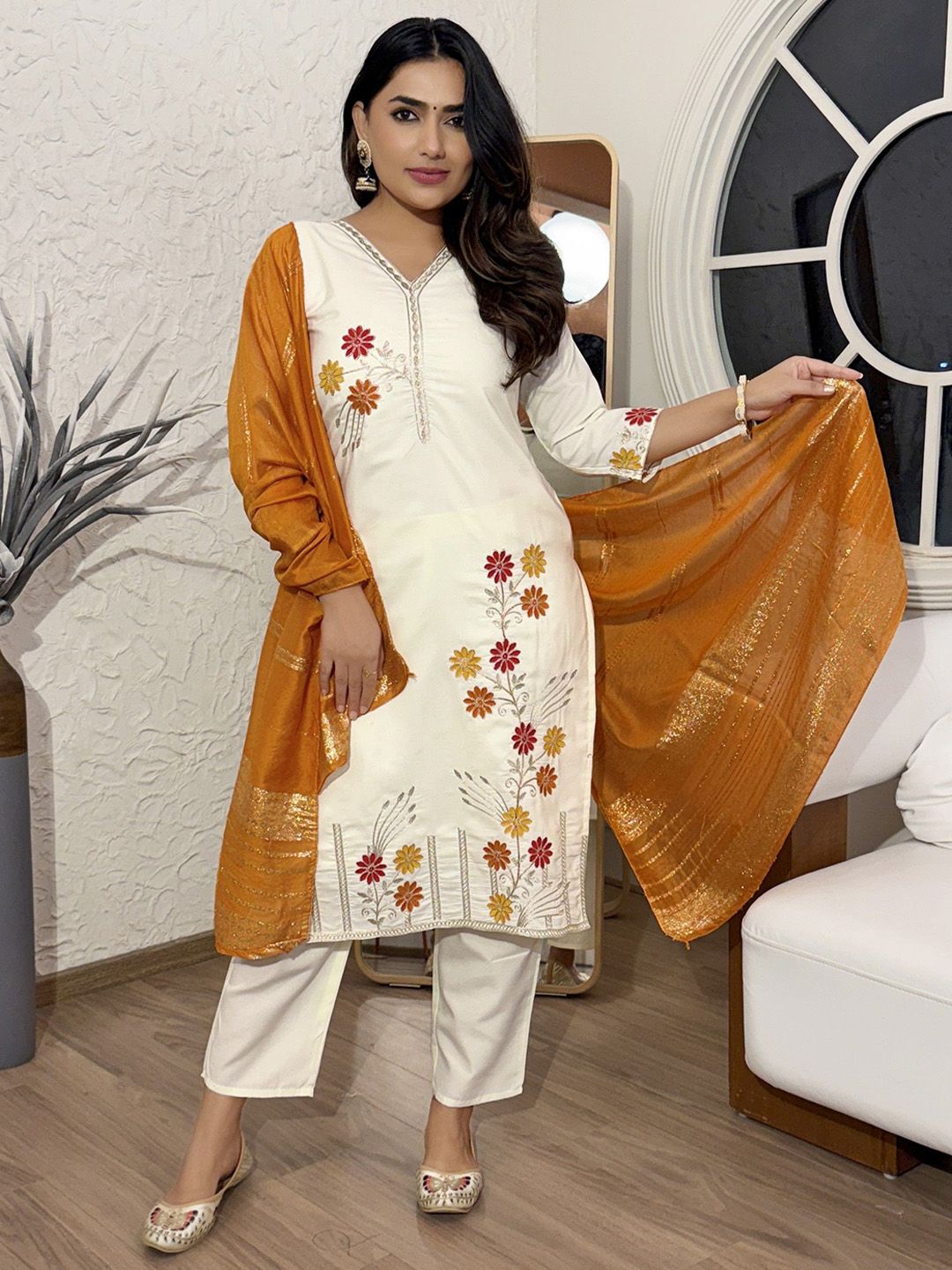 KALINI Floral Embroidered Thread Work Straight Kurta With Trousers & Dupatta