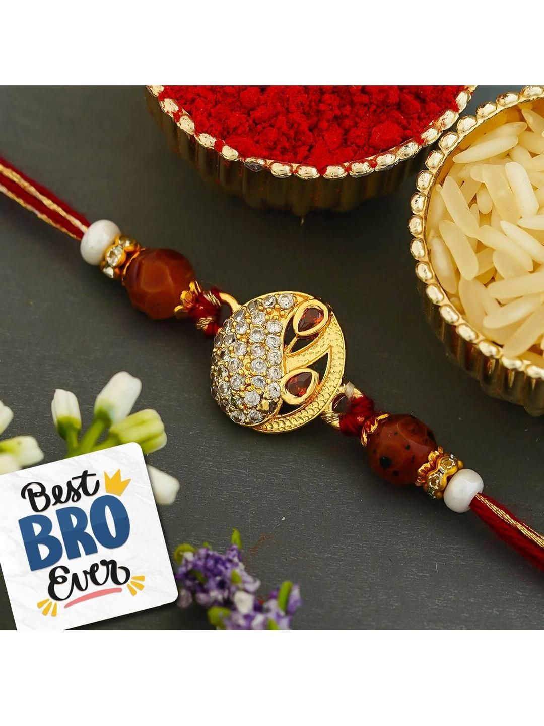 eCraftIndia Kundan-Studded & Beaded Rakhi With Roli Rice & Magnet-picture-10