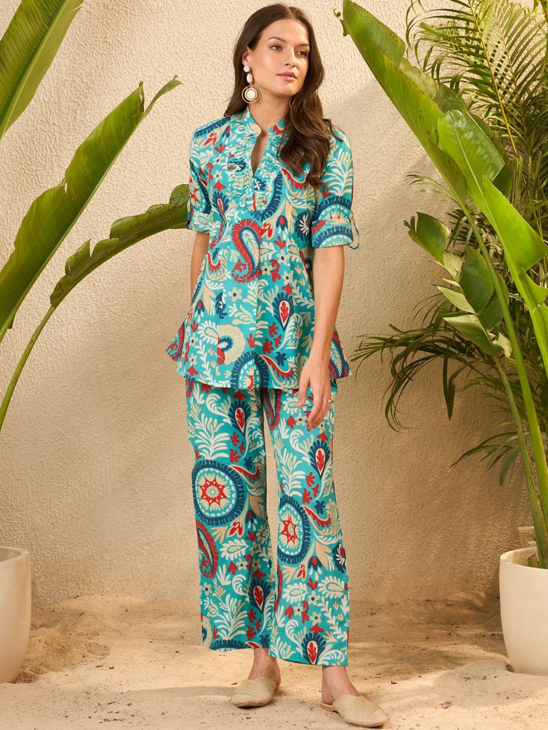 IMANA Printed Mandarin Collared V-Neck Tunic With Palazzos Co-Ords-picture-18