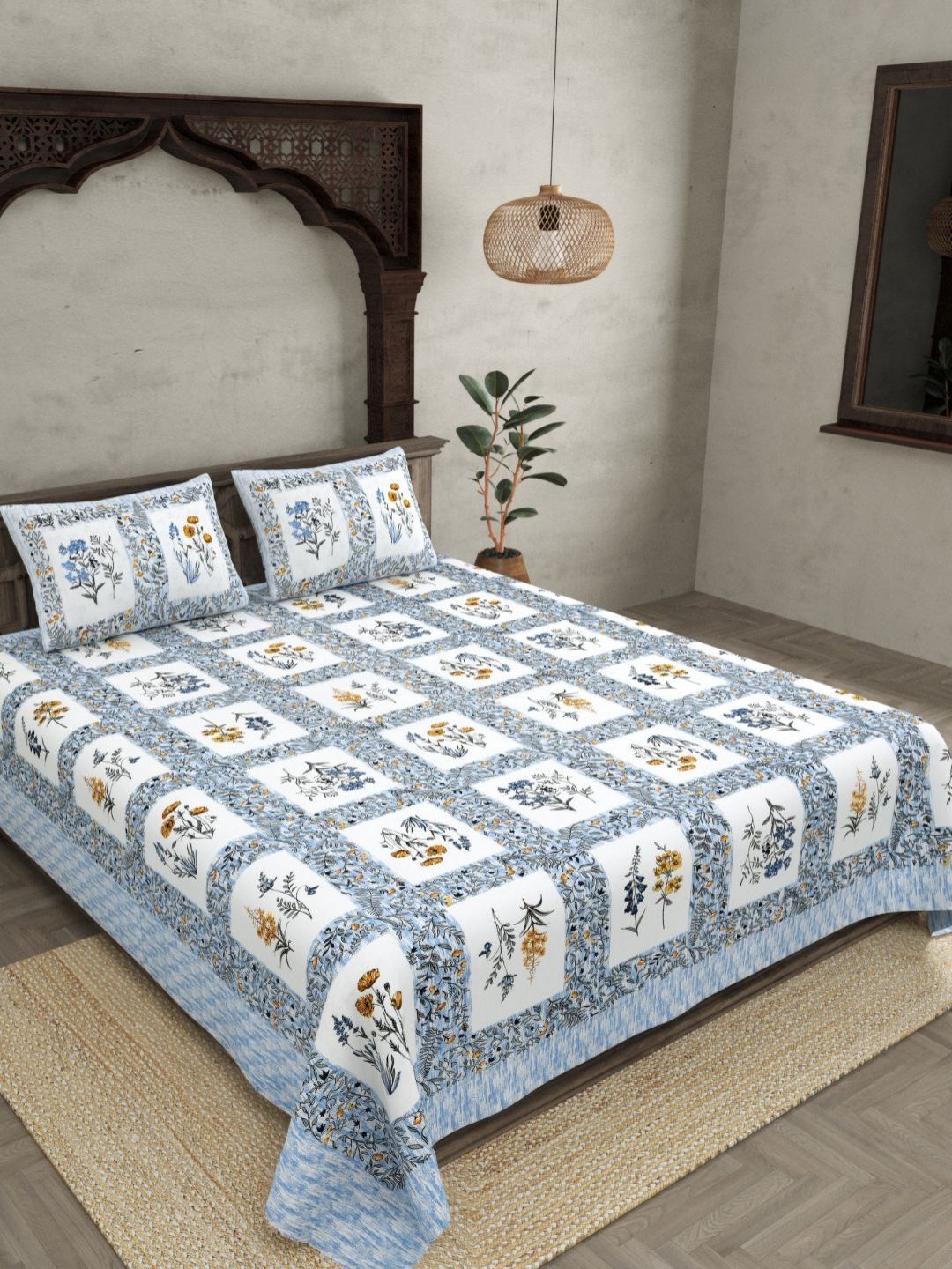 JAIPUR FABRIC Blue & White Floral Cotton 180 TC Double King Bedsheet Set-2.74mx2.28m-picture-36