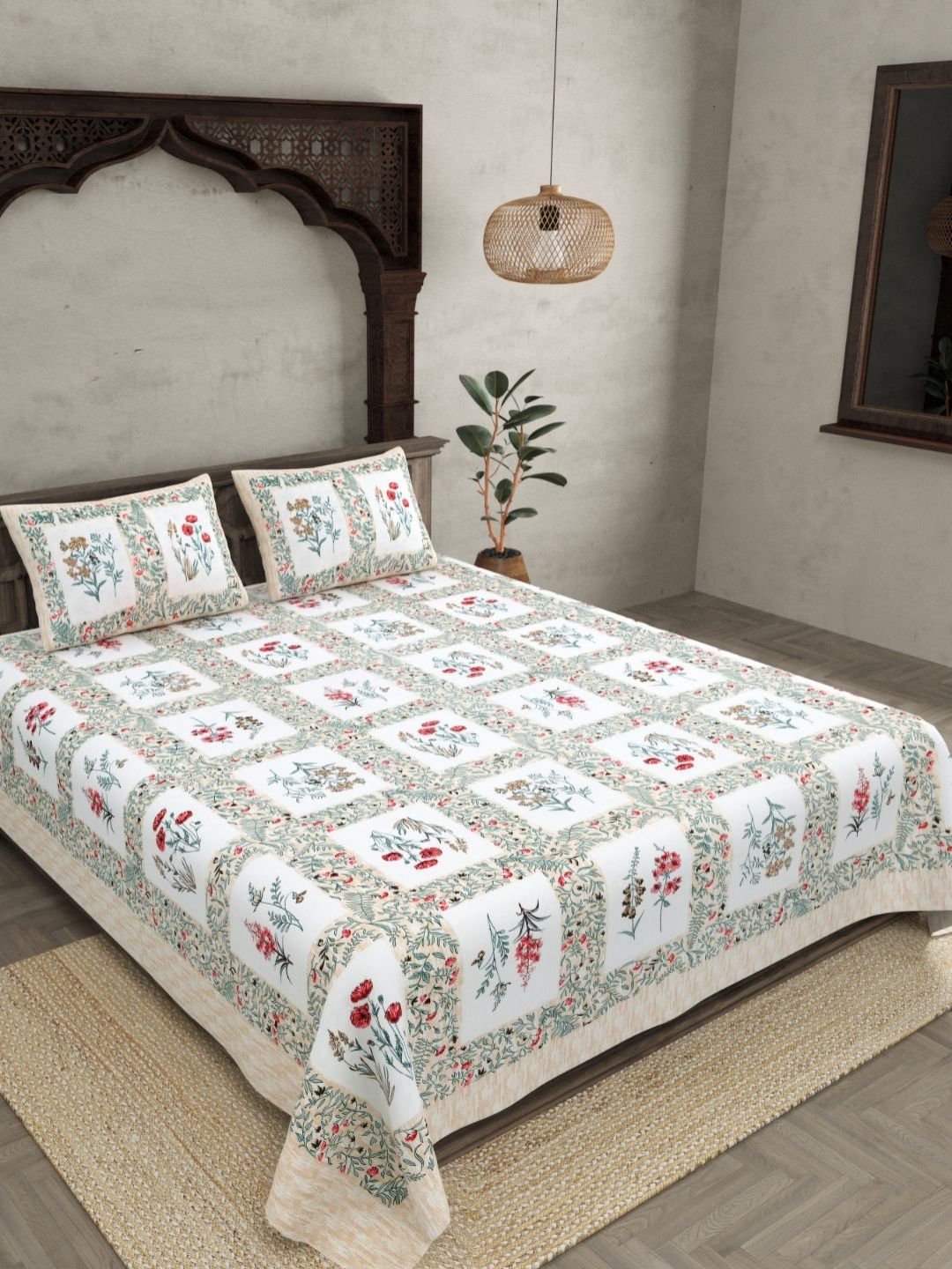 JAIPUR FABRIC Pink & White Floral Cotton 180 TC Double King Bedsheet Set-2.74mx2.28m