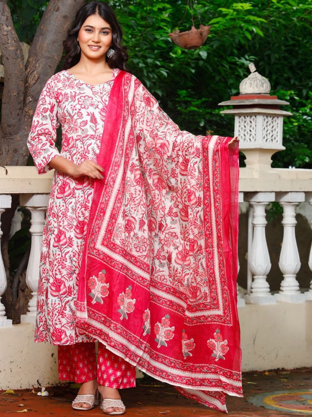 Shivanya  Handicrafts Floral Printed Pure Cotton A-Line Kurta With Trousers & Dupatta