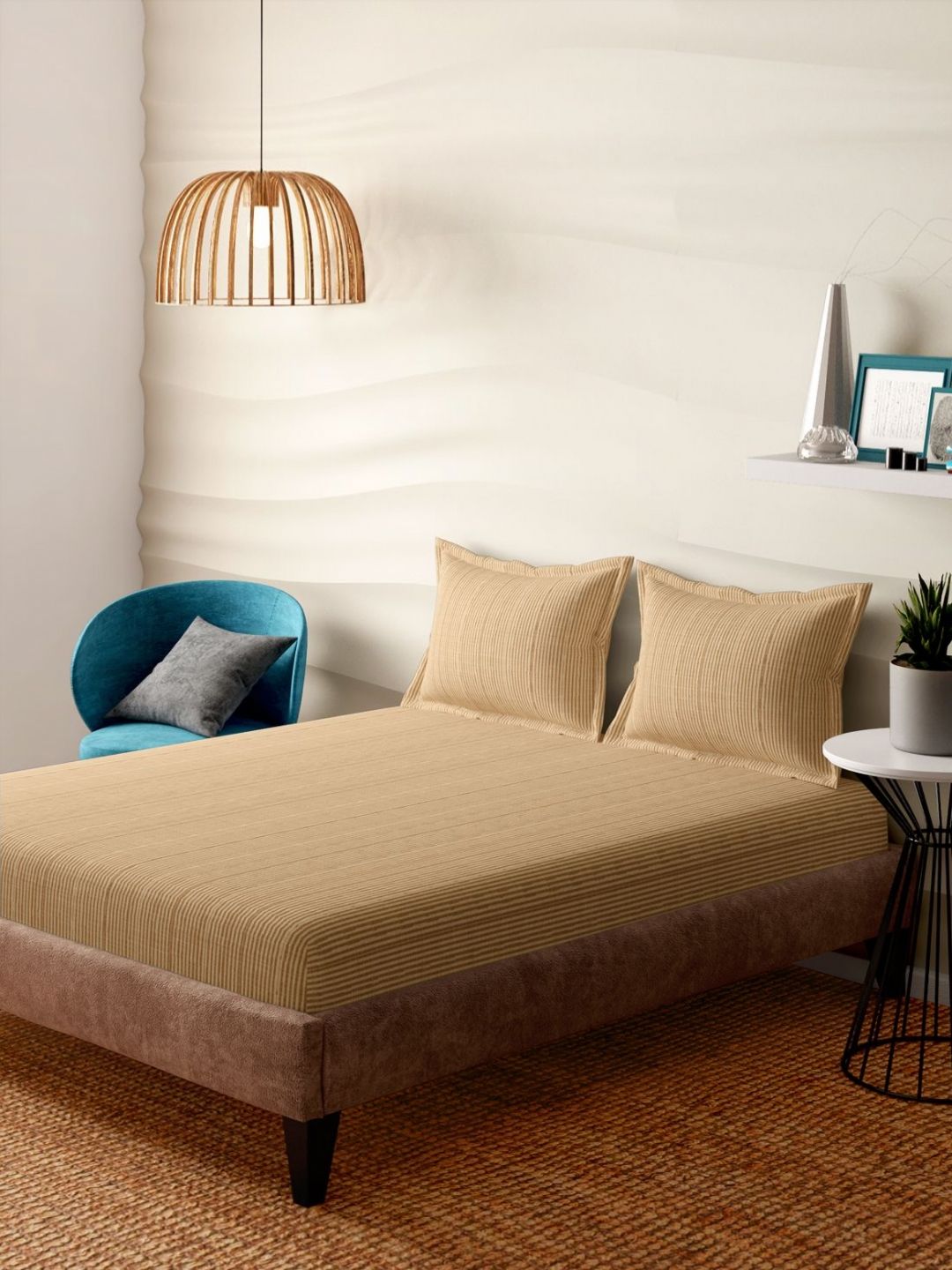 Portico Blendique Brown Striped Cotton 300 TC Queen Bedsheet Set 1.52m x 1.98m-image-6